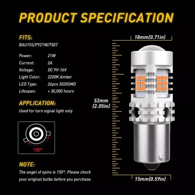 2PCS BA15S BAU15S 7440 W21W LED Bulb Canbus No Hyper Flash Amber Yellow Auto Led Lamp 1156 P21W PY21W LED Turn Signal Light Bulb 6