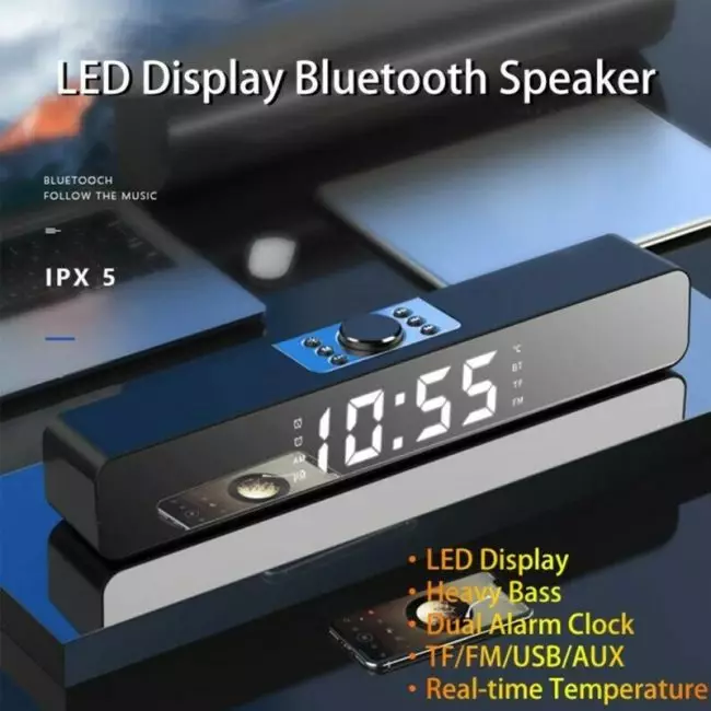 Bluetooth 5.0 Speaker HiFi Stereo Soundbar Noise Cancelling Speaker Wireless Alarm Clock Soundbar Support MP3 WAV WMA Flac APE 3