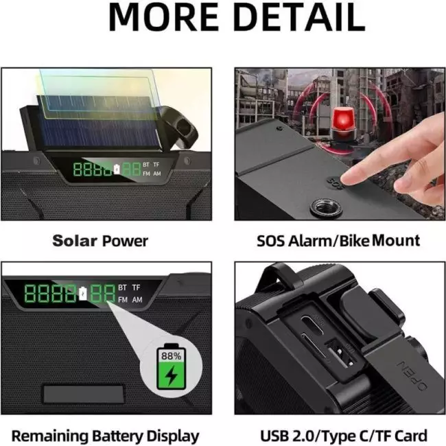 AM/FM Emergency Radio Solar Powered Hand Crank Radio with LED Flashlight 5000mAh Power Bank Phone Charger Bluetooth 5.0 Speaker 6