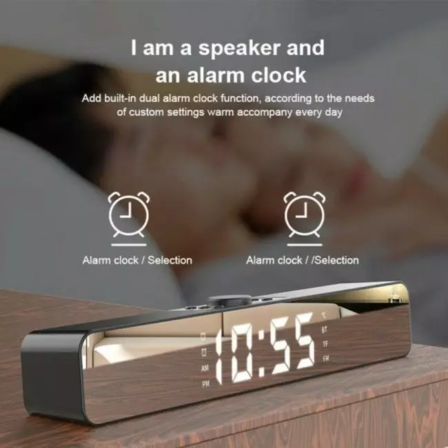 Bluetooth 5.0 Speaker HiFi Stereo Soundbar Noise Cancelling Speaker Wireless Alarm Clock Soundbar Support MP3 WAV WMA Flac APE 4