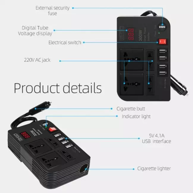 300W Car Inverter DC 12V to 220V Power Converter 4 USB Ports Socket Adapters Automobiles Inverters Parts Accessories 6