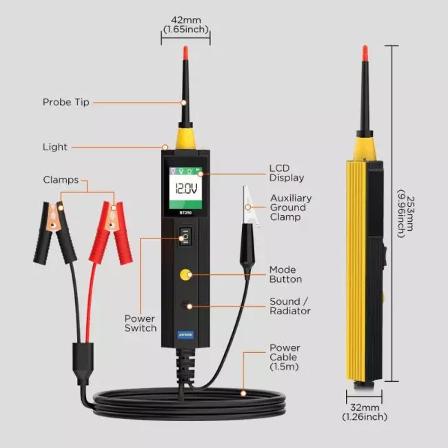 AUTOOL BT250 Circuit Tester Powerscan 6-30V Automative Power Probe Kit LED Display Voltage Polarity Locator Diagnostic Tool 3