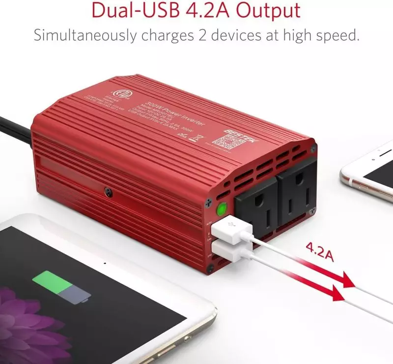 BESTEK 300W Power Inverter with USB Ports, Converts DC 12V to 110V AC