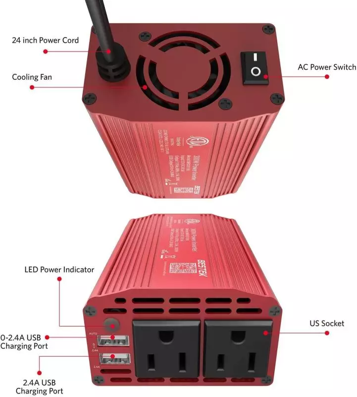 BESTEK 300W Car Inverter, Converts DC 12V to 110V AC