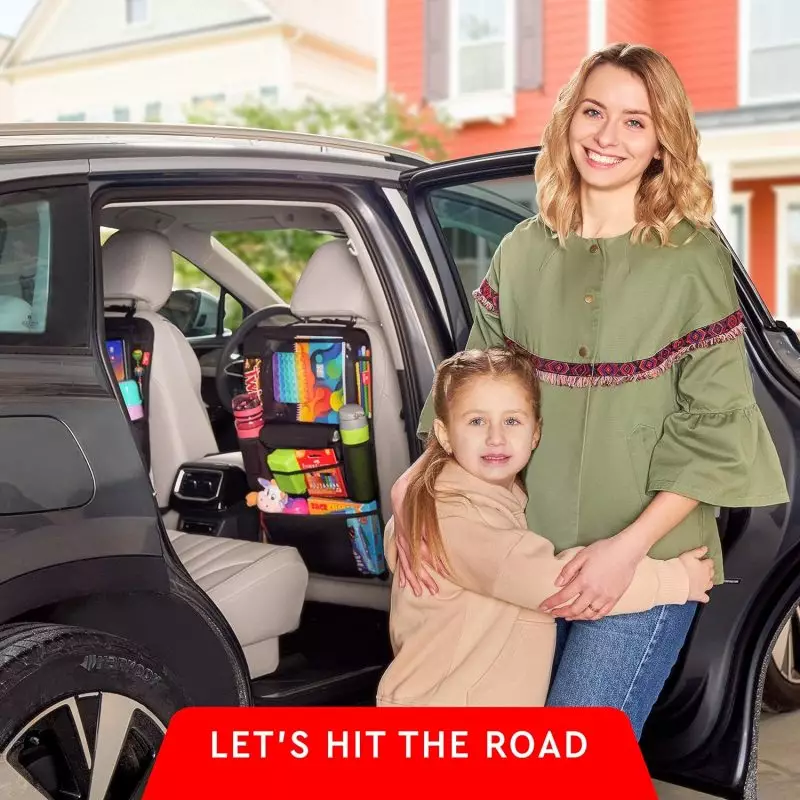 Helteko car seat organizer with a reinforced internal support bar at the top and long straps for secure installation