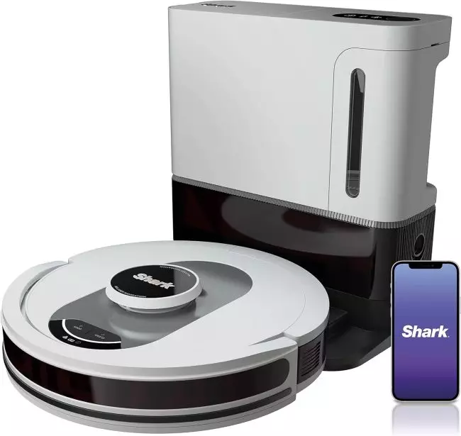 Shark AV2511AE AI Ultra Robot Vacuum showcasing its powerful suction capability on mixed flooring