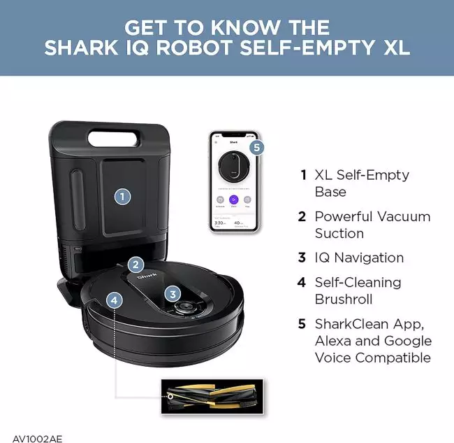 Shark IQ Robot Vacuum's XL Self-Empty Base holding up to 30 days of dirt for less frequent maintenance