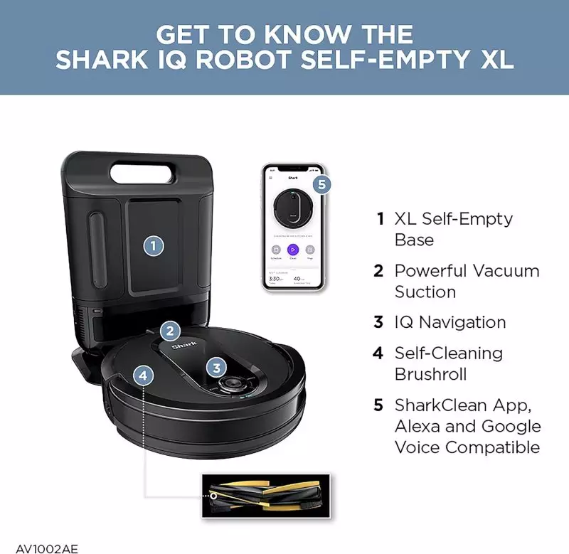 Shark IQ Robot Vacuum's XL Self-Empty Base holding up to 30 days of dirt for less frequent maintenance