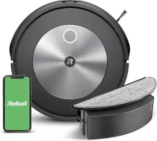 iRobot Roomba Combo j5 robot vacuum and mop seamlessly transitioning from carpet to hardwood floor