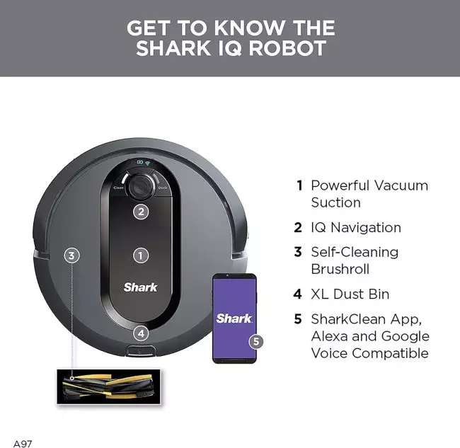 Extra-large dust bin capacity on the Shark IQ Robot Vacuum to hold more dirt and pet hair for less frequent emptying