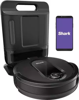 Shark IQ Robot Vacuum with Self-Empty Base automatically disposing dirt after cleaning