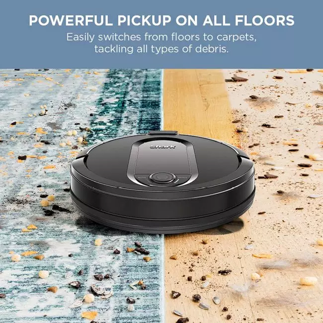 Shark IQ Robot's multi-surface brushroll effectively cleaning both carpets and hard floors