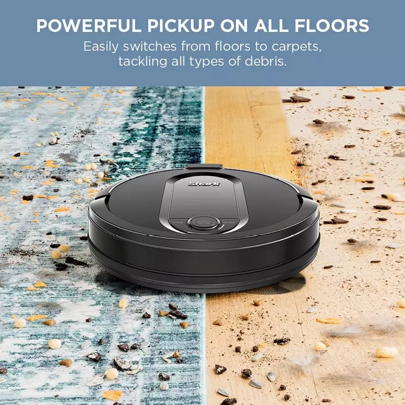 Shark IQ Robot's multi-surface brushroll effectively cleaning both carpets and hard floors