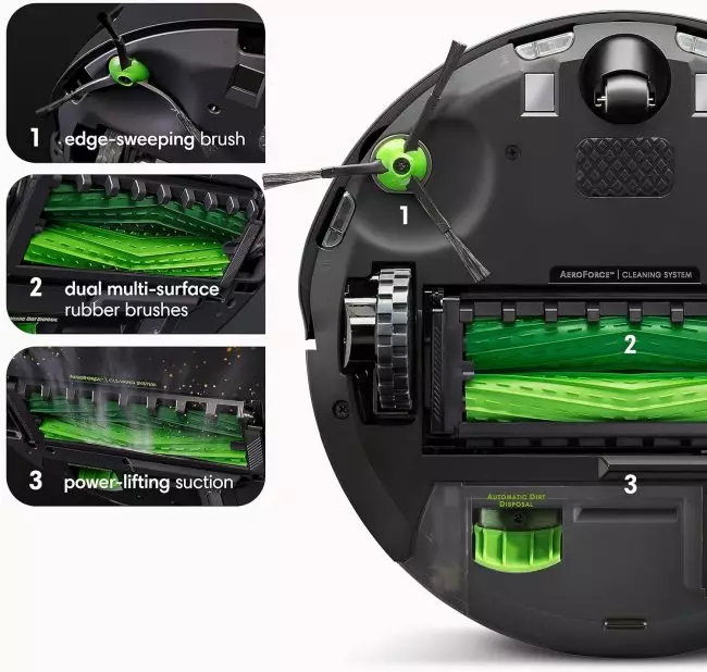 Dual Multi-Surface Rubber Brushes on Roomba j9+ effectively picking up dust and debris