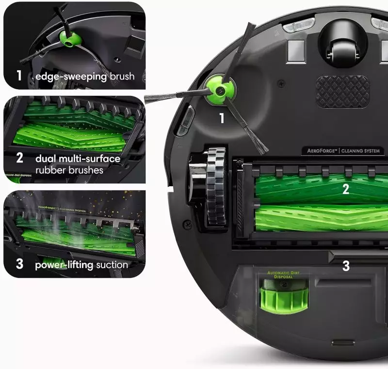 Dual Multi-Surface Rubber Brushes on Roomba j9+ effectively picking up dust and debris