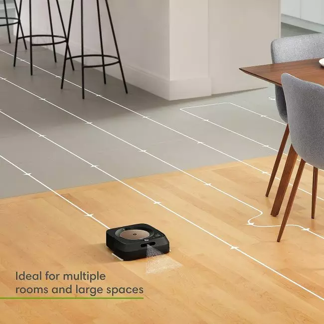 Braava Jet m6 robot mop using Precision Jet Spray to remove sticky messes and kitchen grease