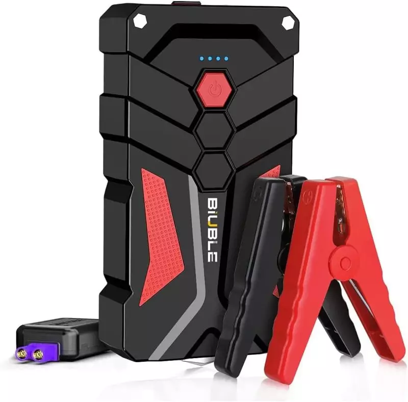 Car Jump Starter in Use Emergency use of BIUBLE 2000A Peak Car Battery Booster for a dead battery situation