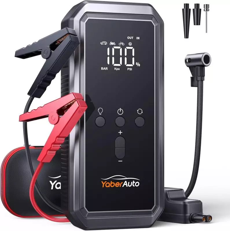 Tire Inflation YaberAuto YA70 inflating a car tire with built-in air compressor