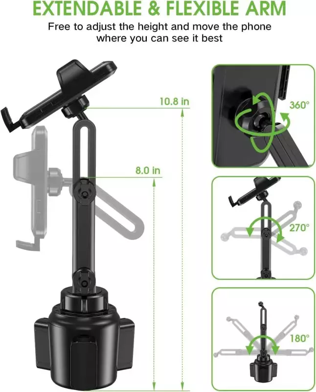 EOCAHO cup holder phone mount for car with a non-slip silicone padded base, forming a stable triangular structure for safety
