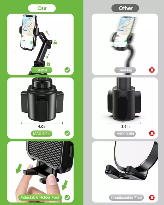 EOCAHO car phone holder with an upgraded extendable neck, adjustable height, and solid pole to prevent shaking or breaking