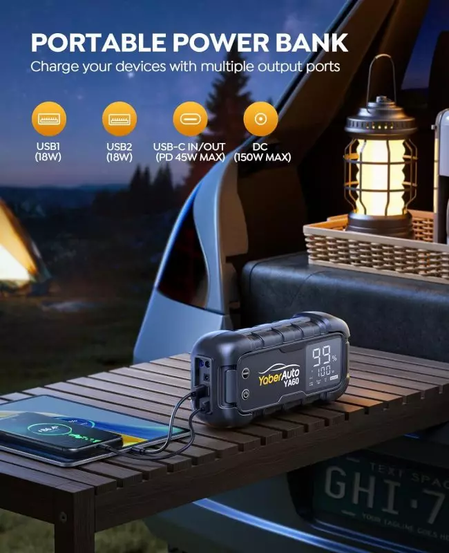 YaberAuto Jump Starter 6000 featuring a bright 600 lumens LED light for emergencies