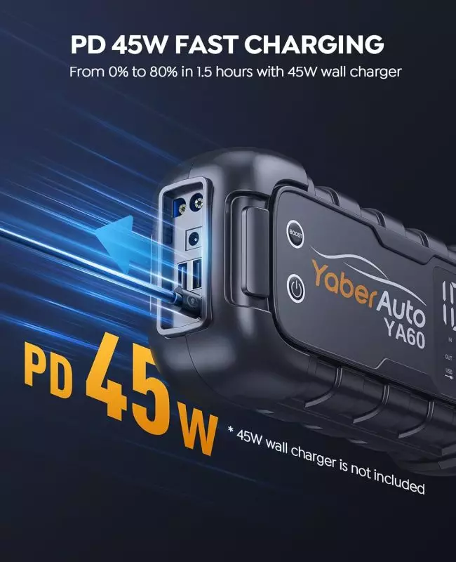 Portable YaberAuto car battery jump starter with multiple device charging capabilities