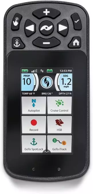 Digital remote control for Minn Kota Terrova featuring i-Pilot Link with autopilot and GPS capabilities, displaying speed, temperature, bearing, and depth