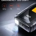 Emergency LED light featuring SOS and strobe functions, with a digital display and charging port