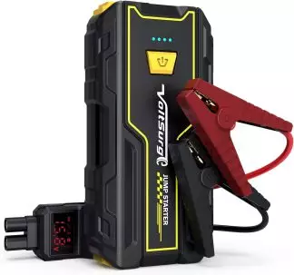 Portable 2000A car jump starter with heavy-duty cables and a digital charge level indicator