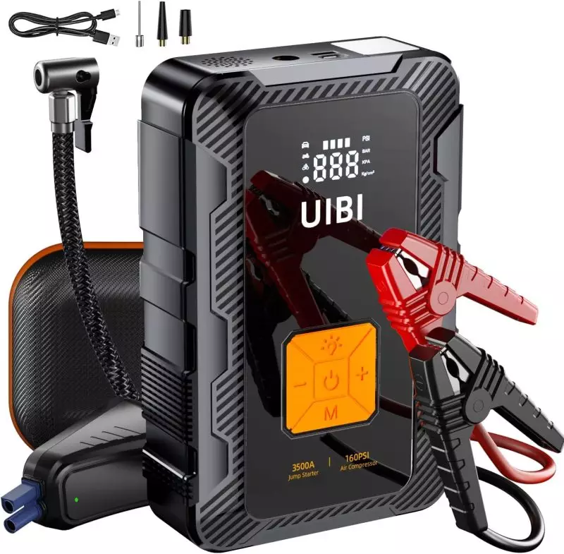 UIBI 3500A Jump Starter with Integrated 160PSI Air Compressor UIBI Jump Starter with 3500A peak current and built-in 160PSI air compressor