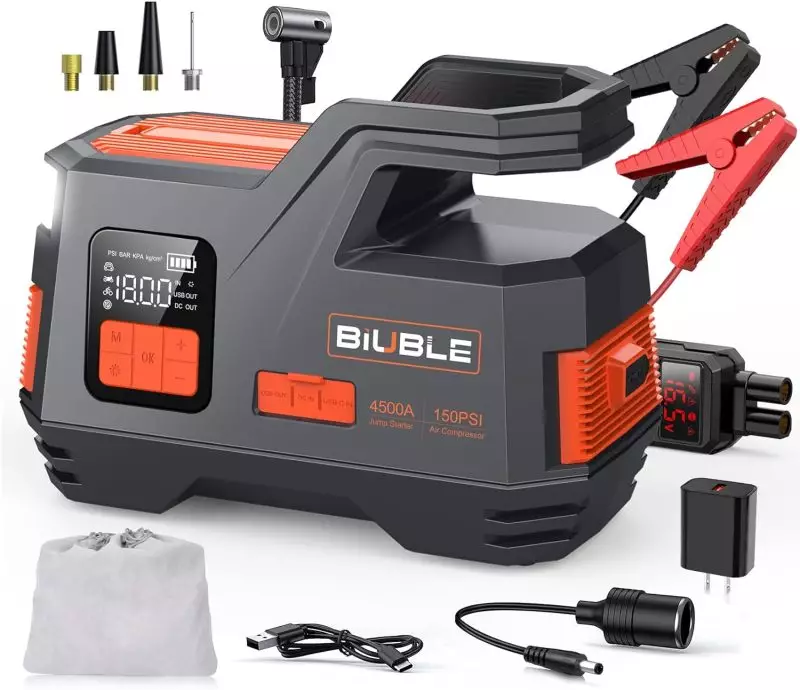 Biuble Car Jump Starter with 4500A Peak and Built-in 150PSI Air Compressor Biuble jump starter and air compressor kit including digital display, jumper clamps, USB charger, various nozzles, and car adapter