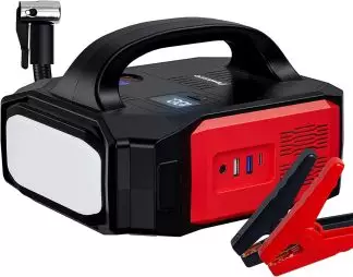 Compact Povasee 3500A portable jump starter power pack with built-in flashlight and USB ports