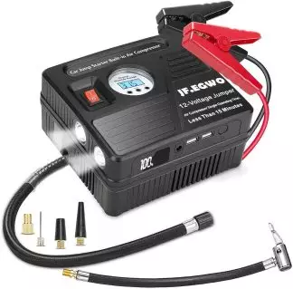 JF EGWO 3000 Portable Jump Starter fully charged with built-in air compressor, lighting and jump cables