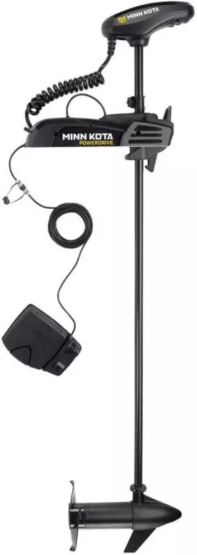 Minn Kota PowerDrive - Whisper-Quiet and Accurate Trolling Motor for Boats Minn Kota PowerDrive trolling motor with foot pedal control mounted on a vessel