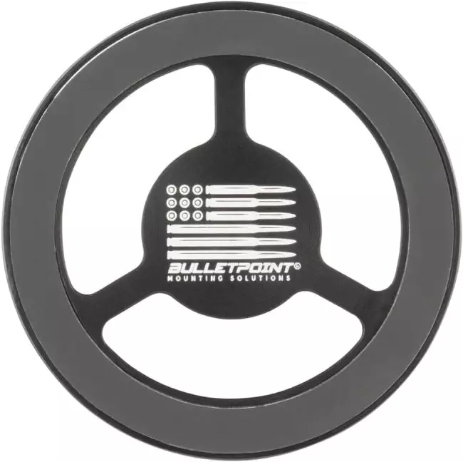 Black circular magnetic phone holder by BulletPoint Mounting Solutions with a logo featuring an American flag design