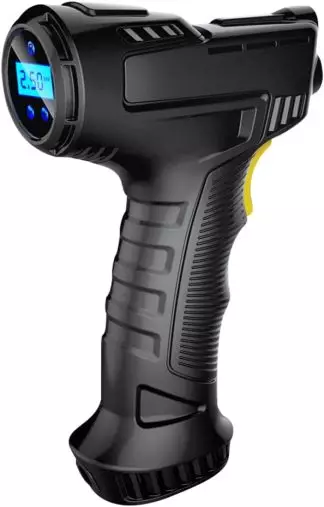 Digital cordless tire inflator with LCD screen display showing pressure