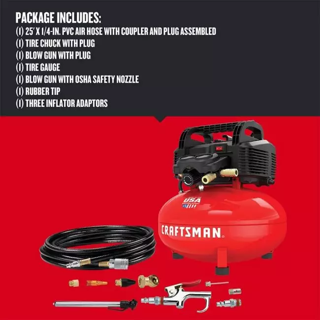 Craftsman air compressor with accessories for car detailing, including hoses, tire chuck, and blow gun