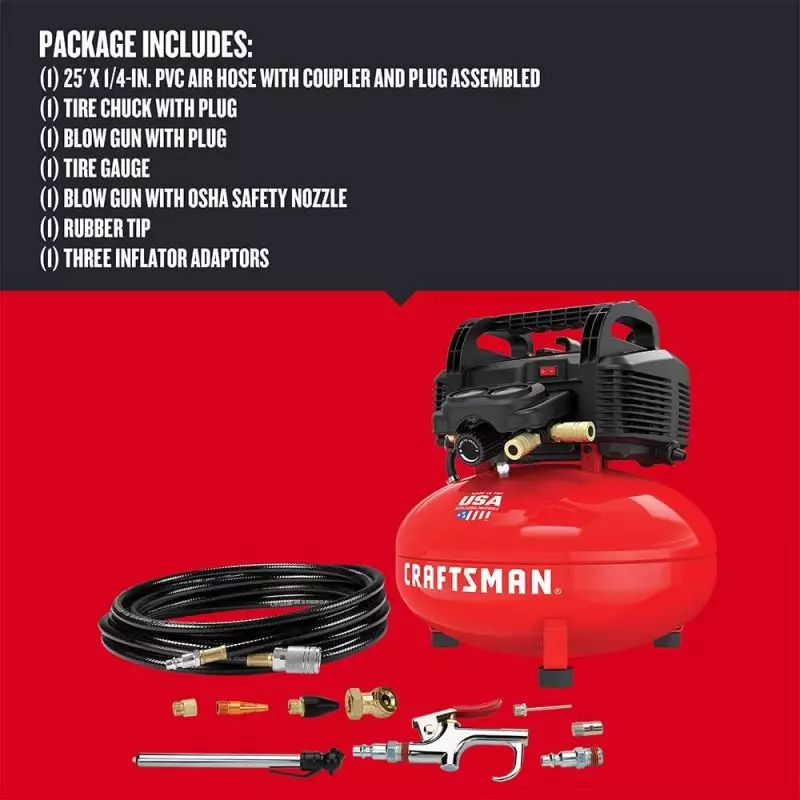 Craftsman Air Compressor Kit for Car Detailing Craftsman air compressor with accessories for car detailing, including hoses, tire chuck, and blow gun