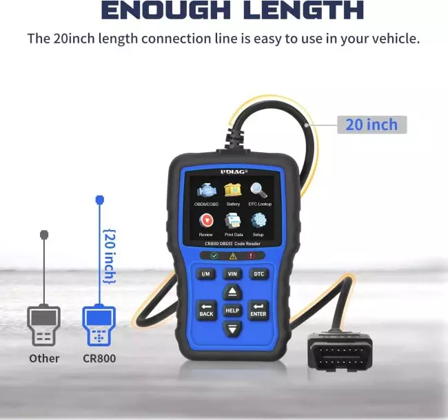 Udiag CR800 OBDII Code Reader featuring a 20-inch connection cable and multiple function icons on display