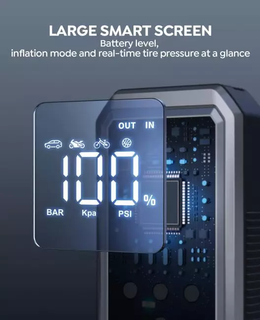 Smart Tire Pressure Monitor Display showing battery level, inflation mode, and options for car, motorcycle, and bicycle
