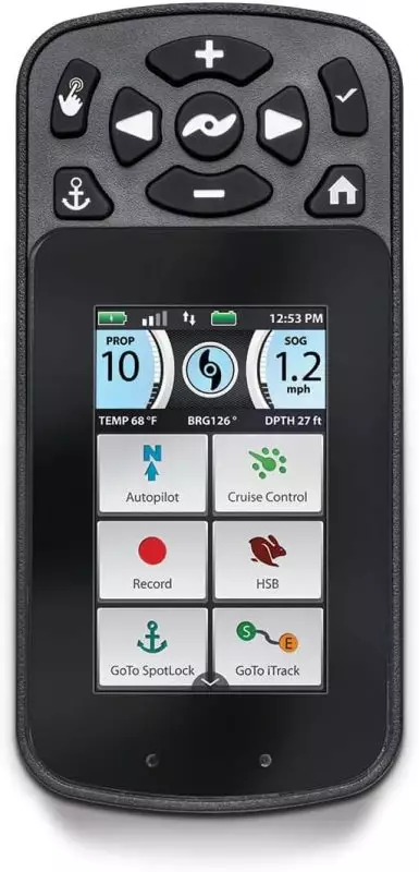 Minn Kota Terrova i-Pilot Link Remote with Advanced Digital Features Digital remote control for Minn Kota Terrova displaying speed, temperature, bearing, and depth with i-Pilot Link capabilities including autopilot and GPS