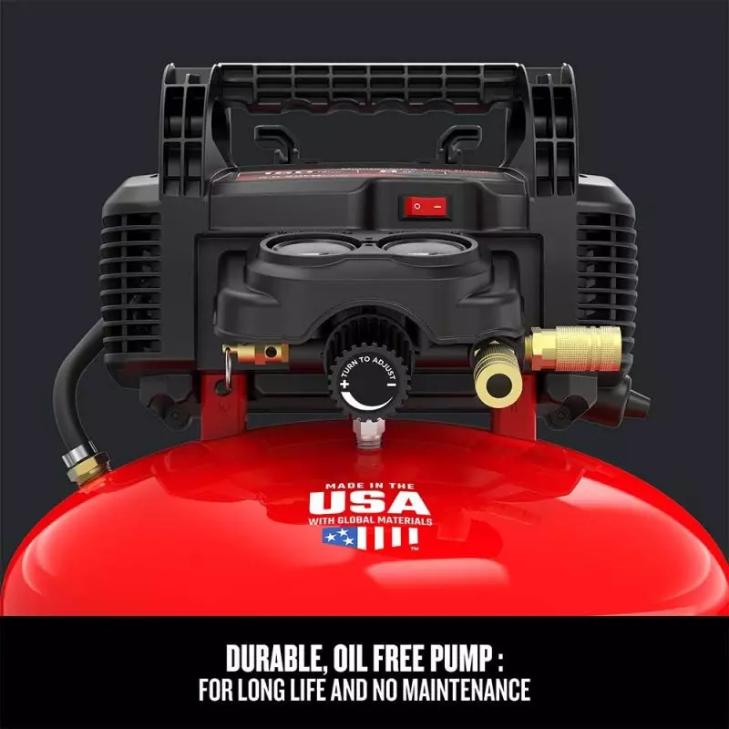 High-Quality Air Compressor for Car Detailing – Made in the USA Red and black oil-free air compressor labeled 'Made in the USA with Global Materials' featuring a durable, maintenance-free pump, ideal for car detailing