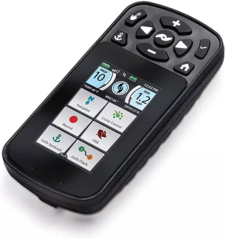 Minn Kota Terrova i-Pilot Link Remote Control with Advanced Navigation Features Handheld Minn Kota Terrova i-Pilot Link remote displaying autopilot, cruise control, and fishing features with depth and temperature readouts