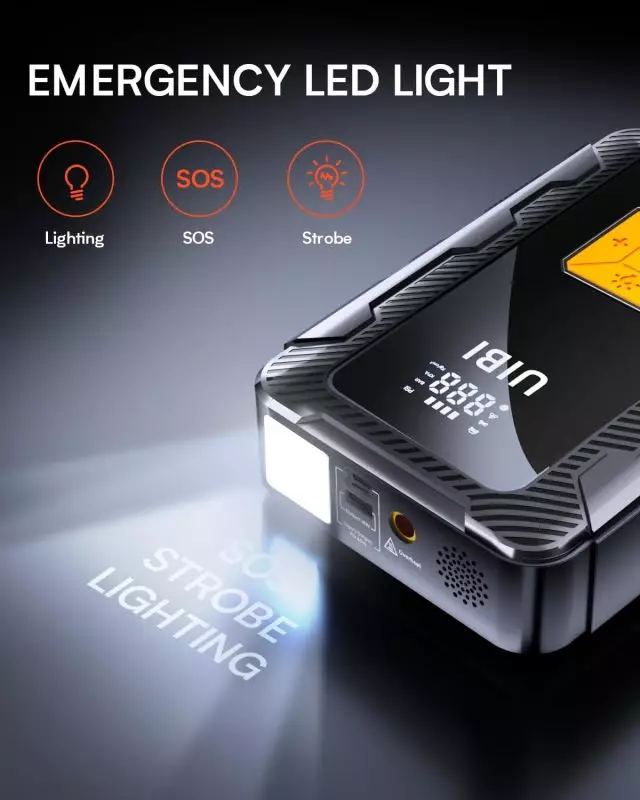 Multi-Function Emergency LED Light with SOS and Strobe Features An emergency LED light with digital display, SOS, strobe lighting features, and charging port for outdoor use