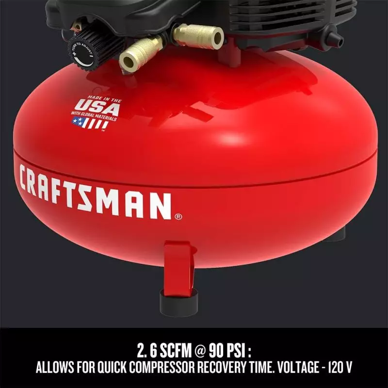 Craftsman Red Air Compressor 2.6 SCFM for Car Detailing Craftsman 120V red air compressor optimized for car detailing, features quick recovery time