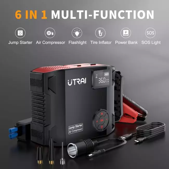 UTRAI multifunctional device showcasing a jump starter, air compressor, flashlight, tire inflator, power bank, and SOS light with accessories