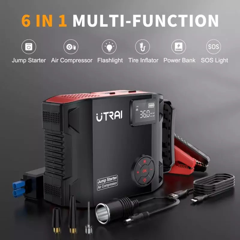 UTRAI Multi-Functional Emergency Tool with Jump Starter and Air Compressor UTRAI multifunctional device showcasing a jump starter, air compressor, flashlight, tire inflator, power bank, and SOS light with accessories