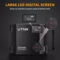 UTRAI brand jump starter and air compressor featuring a digital LED screen showing PSI and battery level