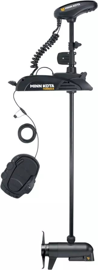 Minn Kota Terrova i-Pilot trolling motor mounted on a shaft with propeller and wireless remote for precise control