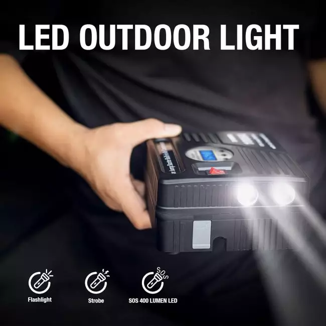 JF EGWO 3000 multifunctional LED outdoor light with 400 Lumen illumination, featuring Flashlight, Strobe, SOS, and Starter Port for jump-starting vehicles
